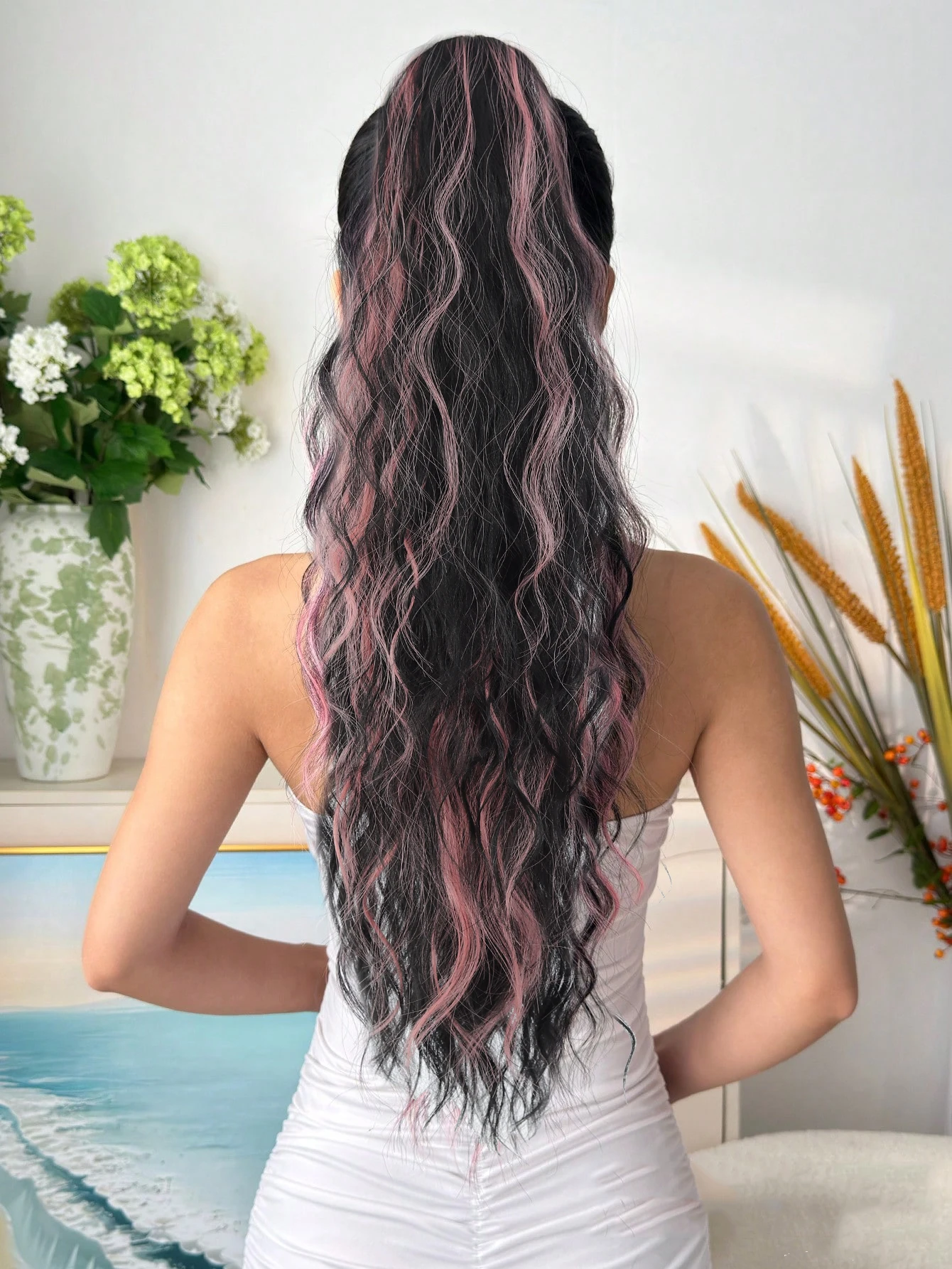 Synthetic Curly Ponytail Extension Black Blonde Pink for Women