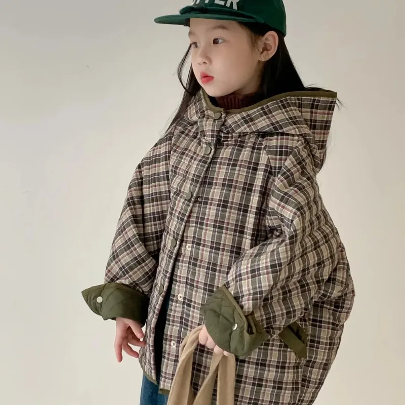 2025 한국 겨울 어린이 여자 파카 면 패딩 두꺼운 따뜻한 여자 아이 코트 체크무늬 후드 어린이 여자 아우터 재킷