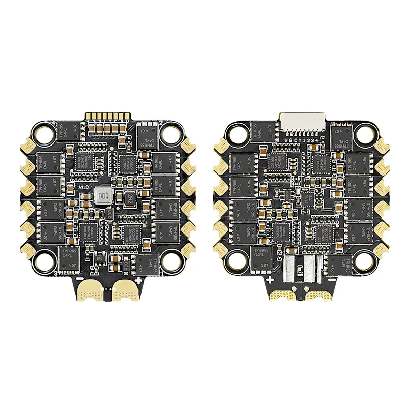 Gros plan sur les puces AM32/BLHeli_32 de l'ESC 70A 2-8S pour drone FPV, soudures de qualité