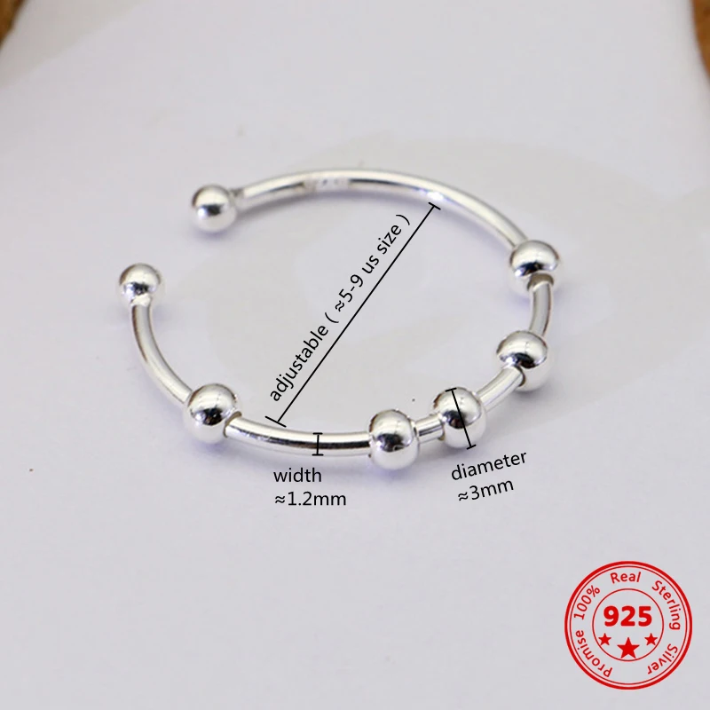 925 Sterling Silver Fidget Beads Adjustable Ring For Women Men Rotate Freely Anti Stress Anxiety Fashion Jewelry