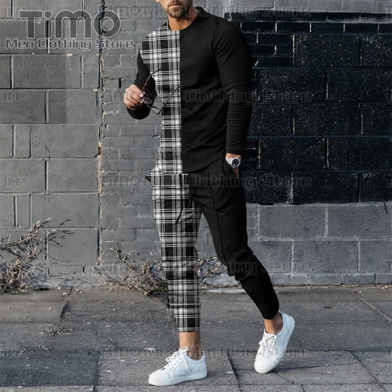 Autumn Men's Checkered Tracksuit Fashion 3D Printing Casual Suit Long Sleeved Trousers 2 Piece Set Of Men Retro Style Clothing