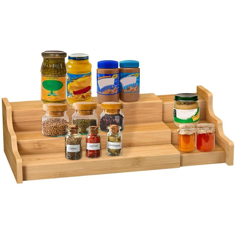 

Spice Rack Kitchen Cabinet Organizer- 3 Tier Bamboo Expandable Display Shelf Bamboo 3-Layer Adjustable Spice Rack