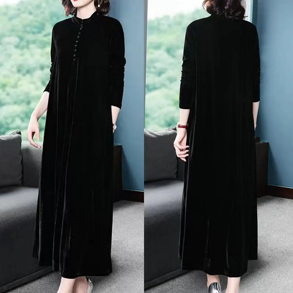 

Mid-calf Length Women Fall Dress Solid Color Loose Hem Lady Spring Dress Elegant Pure Color Mother Dress Lady Garment