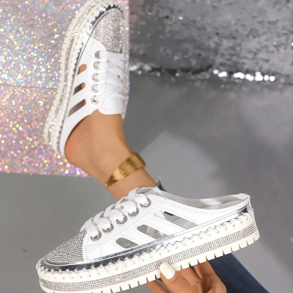 2024 New Crystal Half Slippers for Women Flat Platform Shoes Comfortable and Elegant Women's Shoes Bling Luxury Women's Sandals