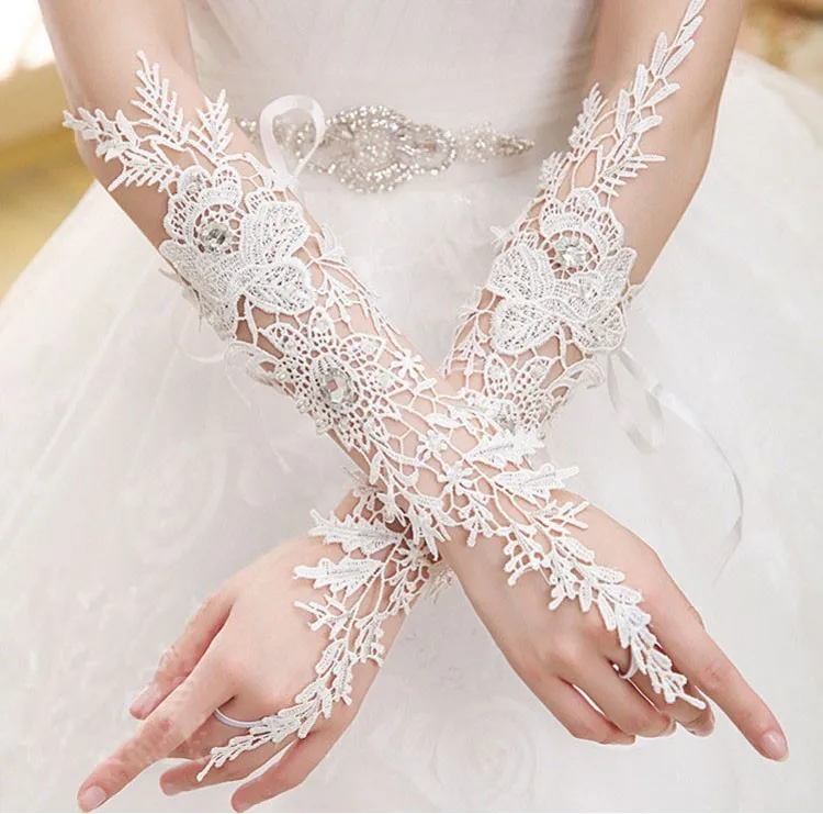 

Woman White Lace Gloves Fingerless Phoenix pattern Elbow Length Long Dance Gloves