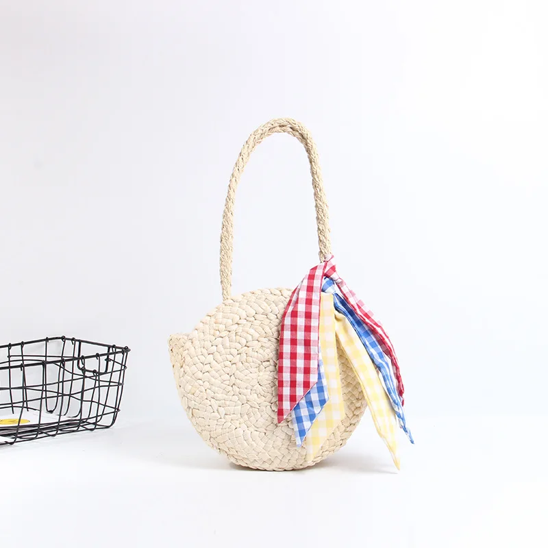 

Women's New Beach Bag Straw Woven Bag Corn Husk Round Three Silk Scarves One Shoulder Handbag Girl Accessories Photo Props
