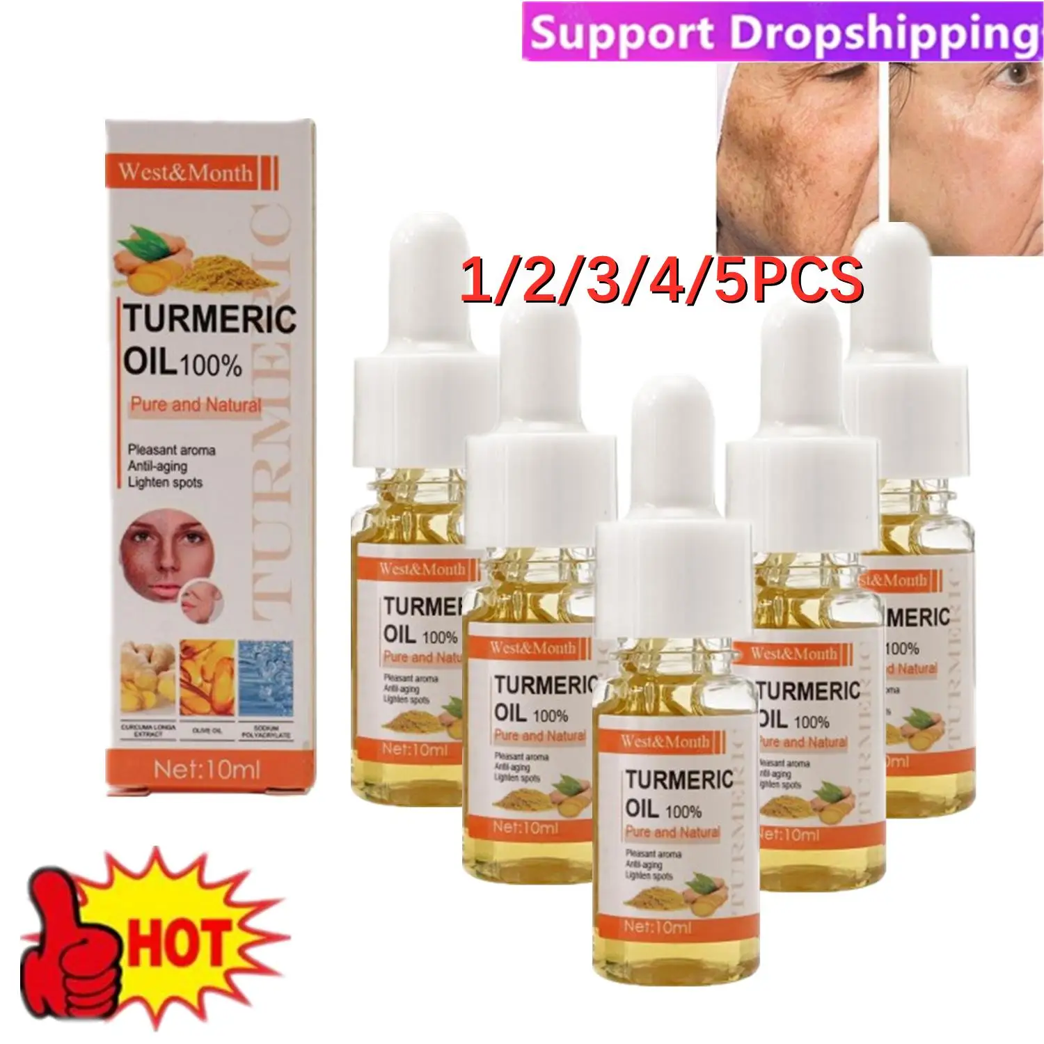 LOT Turmeric Freckle Whitening Oil Serum Curcumin Oil Brighten Faded Dark Spot Removal Pigment Improve Roughness Skin Care 10ml