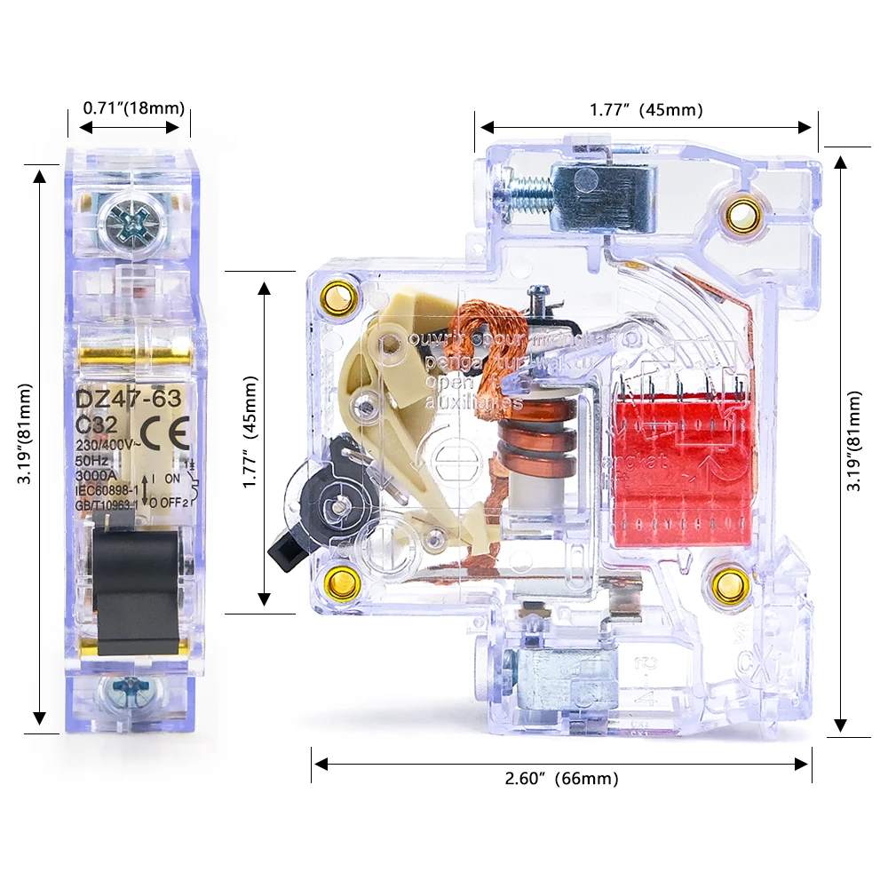 DZ47-63 Transparent Miniature Circuit Breaker Din Rail 1P 6-63A Home Use 230-400V Short Circuit Overload Dual Protection 1 Pcs