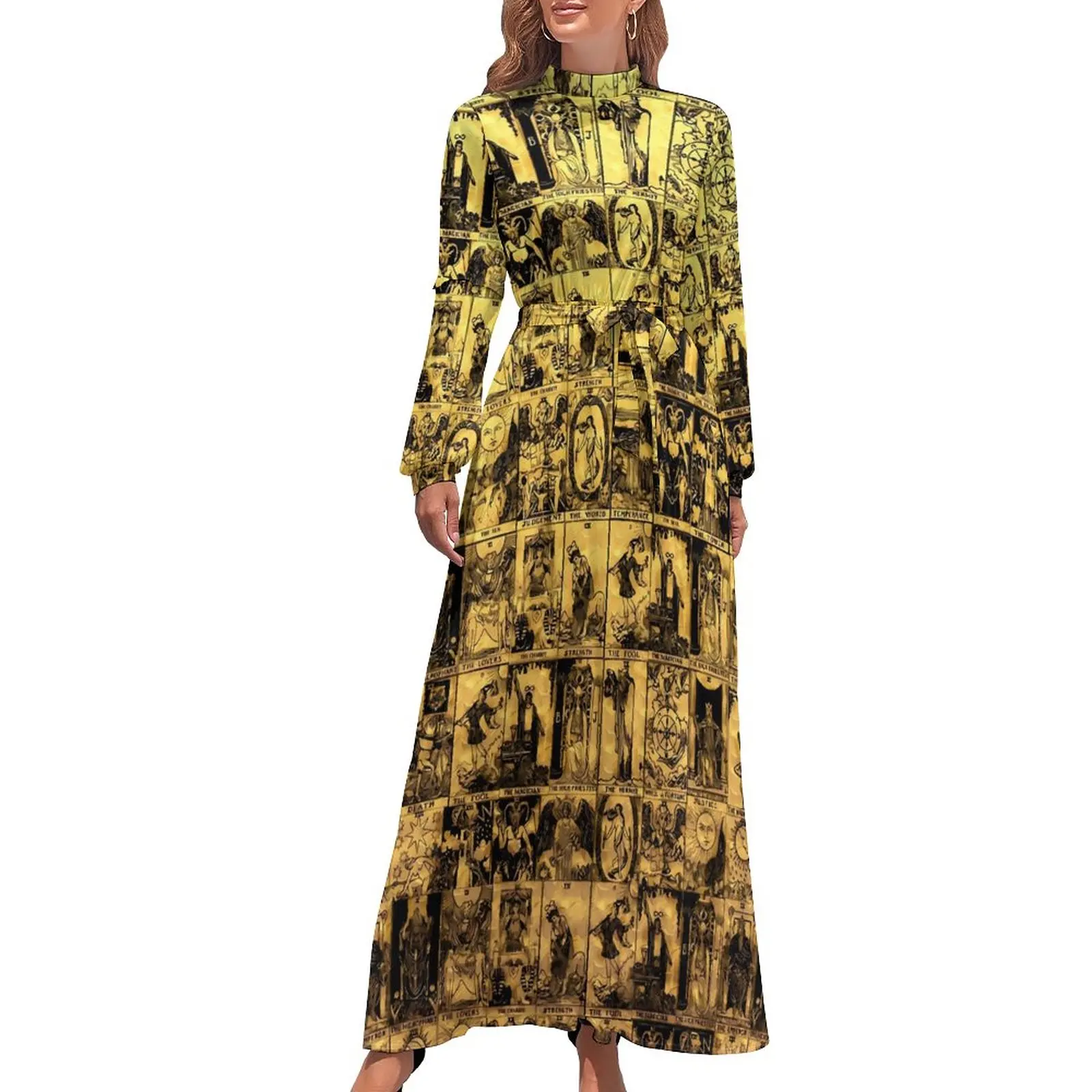 

Gold And Black Tarot Dress A Major Arcana Party Printed Maxi Dress High Waist Long Sleeve Aesthetic Beach Long Dresses