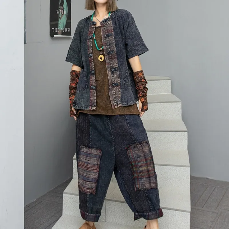 

2024 Spring Summer New Patchwork Plaid Button Cardigan Short Sleeved Jacket + Casual Pants Two-piece Set Women Loose LX260