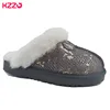 KZZO New Arrive Genuine Leather Slippers Fashion Female Winter Slippers Women Warm Indoor Slippers Soft Wool Lady Home Shoes 1