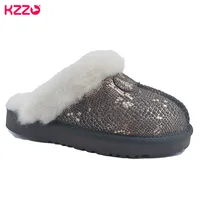 KZZO New Arrive Genuine Leather Slippers Fashion Female Winter Slippers Women Warm Indoor Slippers Soft Wool Lady Home Shoes 1