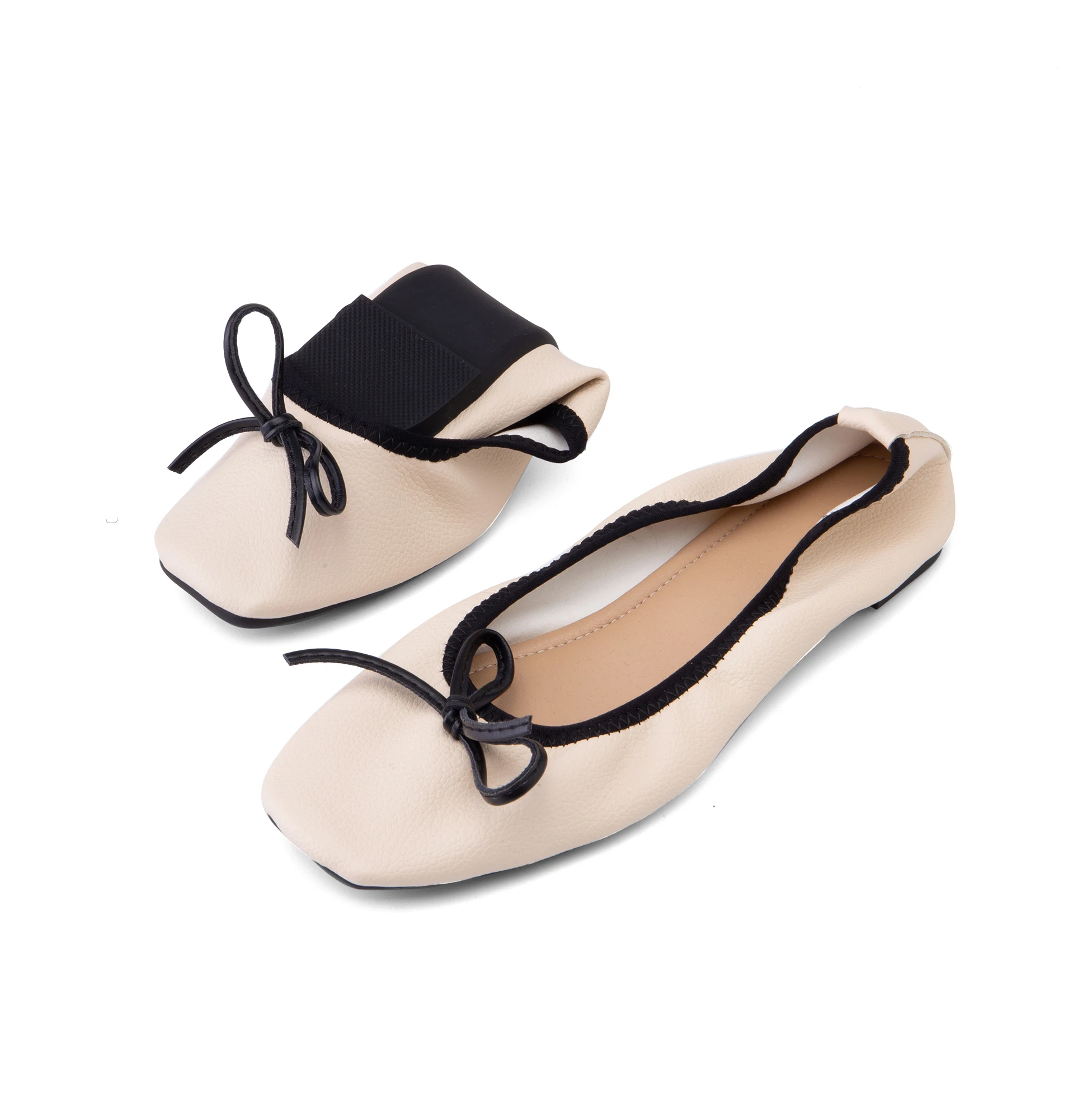 Soft Leather Shoes Women Casual Ballet Flats 2023 Spring Autumn Lace Up Bow Comfortable Square Toe Wholesale Shoes Size 34-51