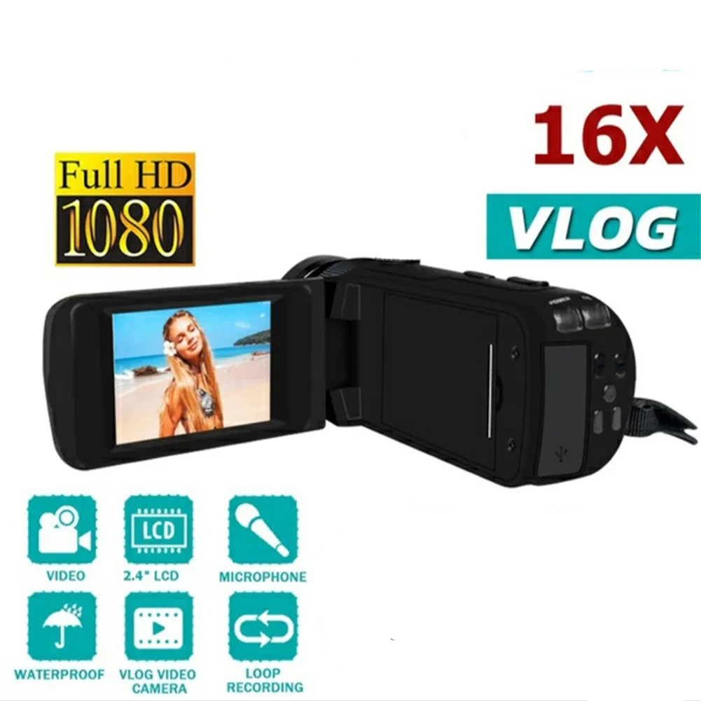 초심자용 풀 HD 디지털 카메라, 2.4 인치 LCD, 270 도 회전 화면, 16X 줌, 1080P