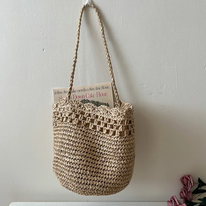 French Riviera Straw Shoulder Bag: Stylishly Handwoven with Floral Hollow-Out Design - Perfect for Beach Getaways and Versatile