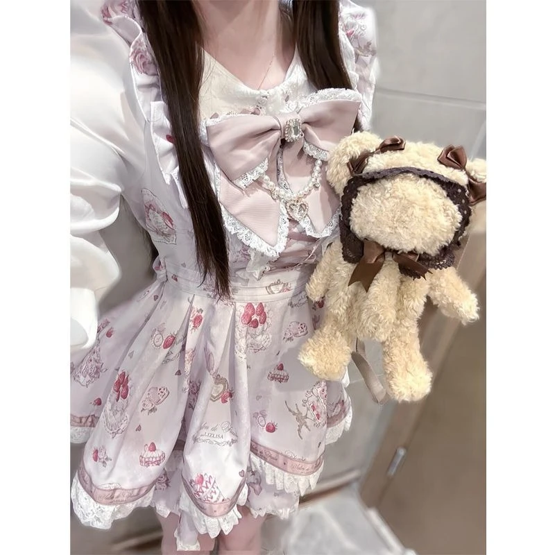 Y2k Harajuku Sweet Two-Piece Short Sets Long Sleeve Off Shoulder Solid Lace Shorts Skirts Bow Button Women Casual Kawaii 2025 4