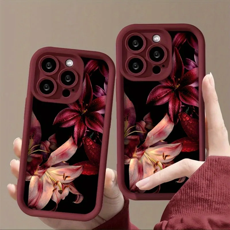 Luxury Dark-Themed Wine Red Phone Case with Water Droplet Lily Design