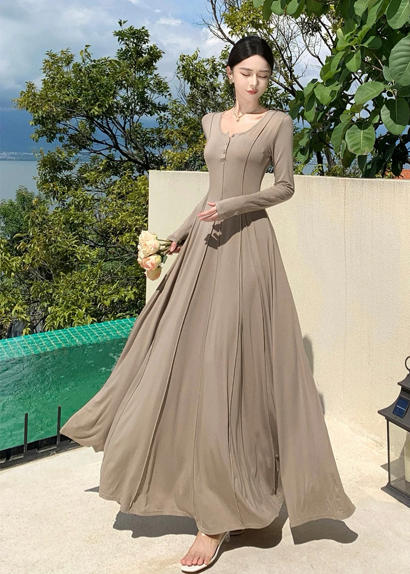 Casual Knitted Dresses for Women Long Sleeves Square Collar A-line Autumn Maxi Dress Korean Fashion Solid Vestidos Mujer New