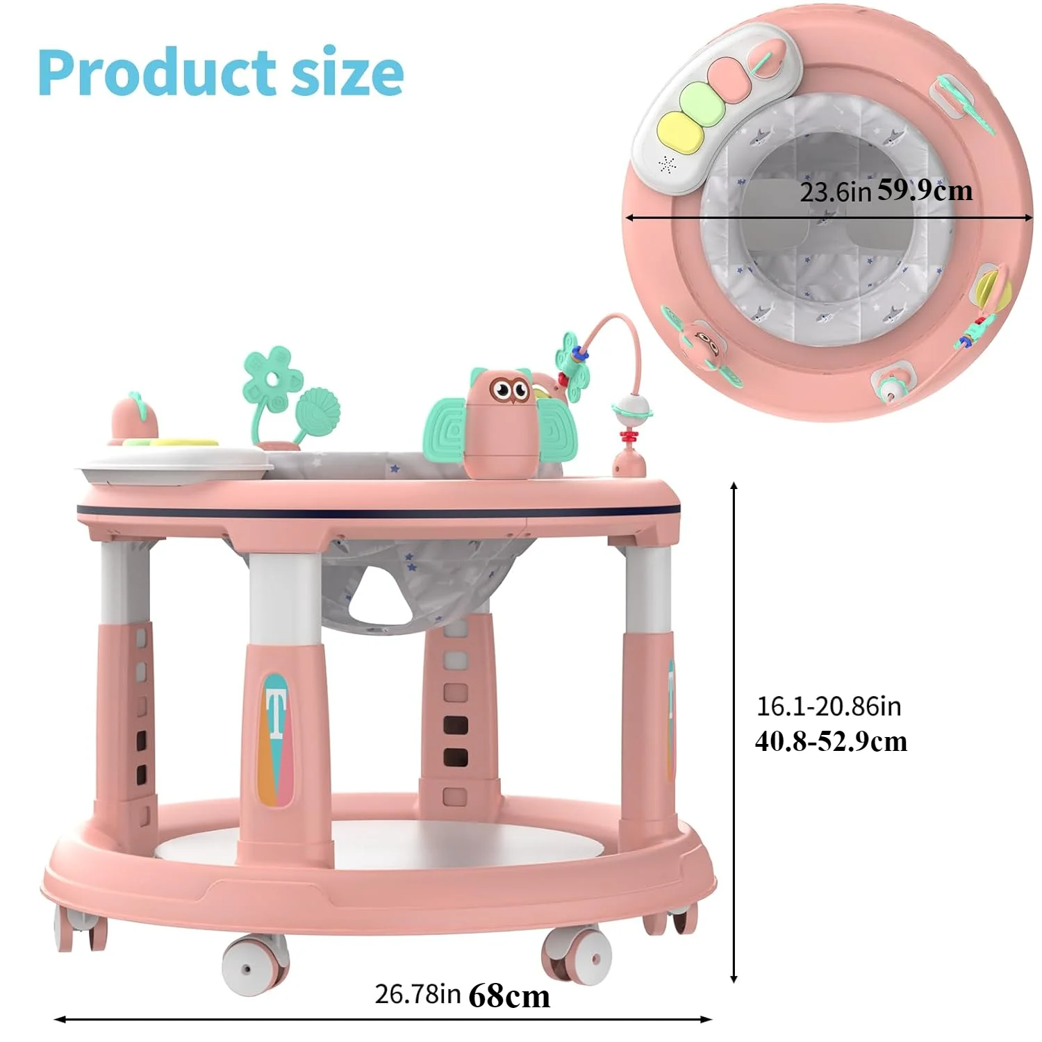 Baby Walker with 5 Adjustable Heights Baby Activity Center Features 360° Swivel Seat Music Detachable Toys Bounce Foot Pad 6