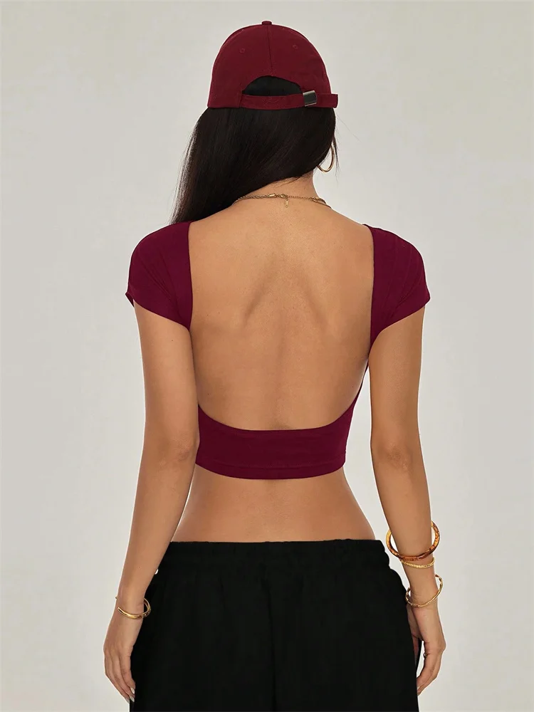 Sexy Backless Short Sleeve T Shirt Women Summer Grunge Y2K Clothes High Street Style Plain Black Crop Tee Top Streetwear 2024 6