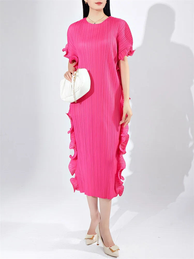 

Miyake Pleated Dress Women's 2023 Summer Style Waist-cinching Comfortable Round Neck Elegant Lace Pleated Mid-length Skirt Dress