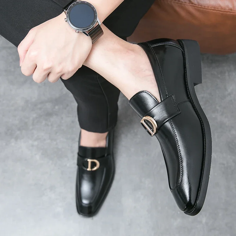 

Business Men Leather Handmade Shoes Anti-slip Rubber Thick Soled Office Dress Loafers Soft Casual Pointed Top Moccasins