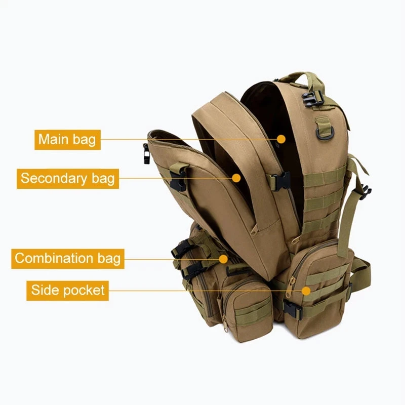 Tactical Backpack Travel Backpack 50L Tactical Backpack Men's Military Backpack 4 in 1 Molle Sport Bag Waterproof Outdoor Sport Hiking Camping Travel 3D Rucksack