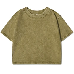 Solid Slim Washed Cotton Retro Crop T-Shirt - S (Brown)