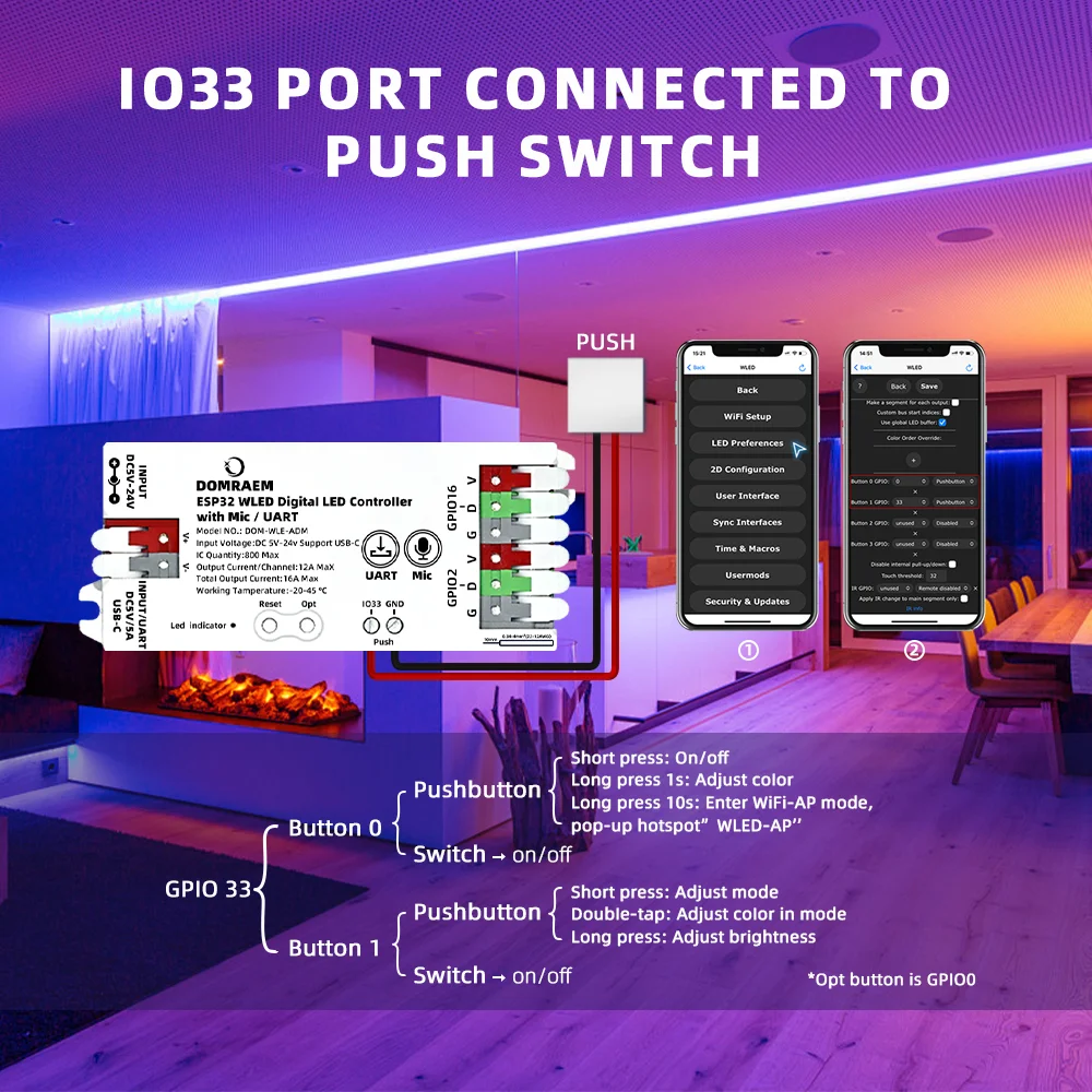 DOMRAEM WLED Digital Music LED Controller with Mic & Relay -ESP32 2CH 16A for WS281X/SK6812 (800ICS). Type-C & UART. Alexa/HA.