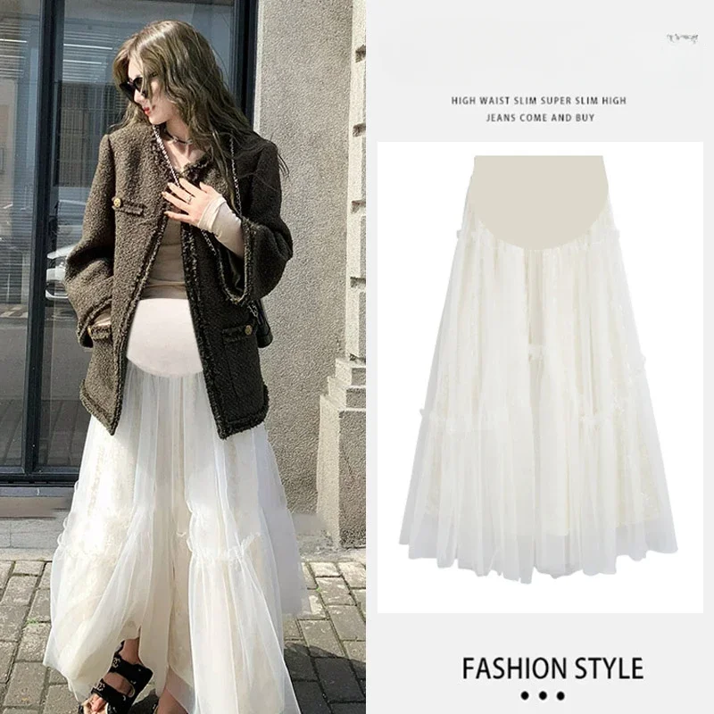 Good Quality Pregnant Woman Mesh Skirts for Autumn Irregular Ruffles Patchwork Maternity Mesh Skirt Luxury Pregnancy Belly Skirt