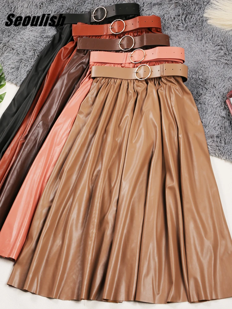 

Seoulish Autumn Winter PU Faux Leather Women's Long Skirts with Belted High Waist Elegant A-line Umbrella Skirts Female 2023 New