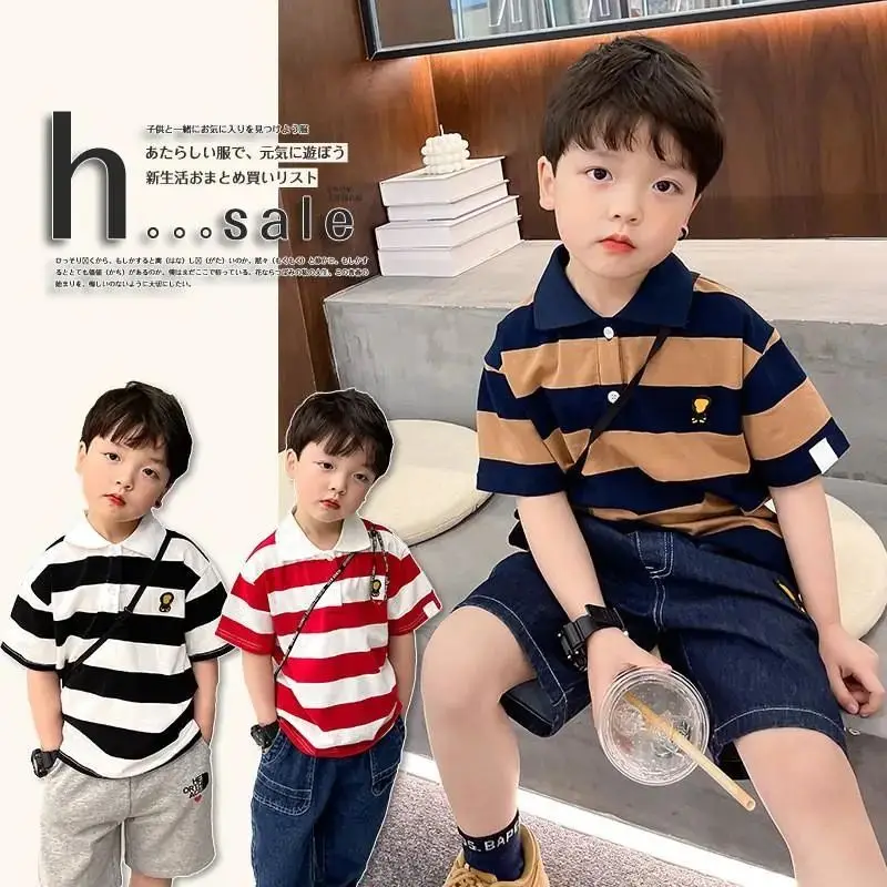 

100% Cotton Boy's 2022 Summer Clothing Short Sleeve T-shirt Striped Children's Japanese Handsome Children Clothes Polo Shirt Top