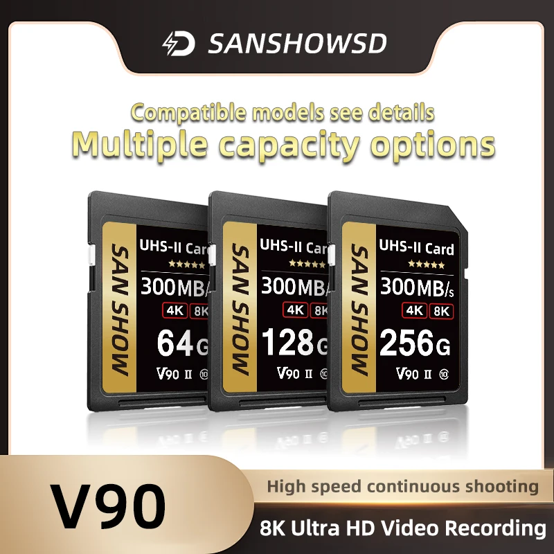 thumbnail image 1 of Tarjeta SD V90, UHS-II, SXDC, U3, velocidad de lectura 300 MB/s, velocidad de escritura 270 MB/s, tarjeta de memoria de alta capacidad para grabación de video RAW 4K 8K, 1 of 5