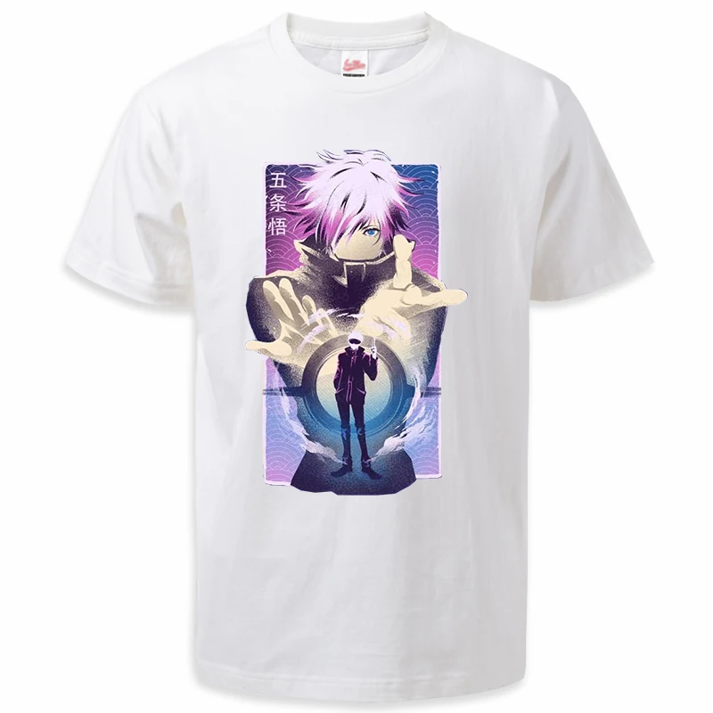 

Футболка с круглым вырезом для мужчин и женщин, крутая тенниска с принтом аниме и японского аниме, крутая майка годжо Сатору в стиле Харадзюку, лето 2024