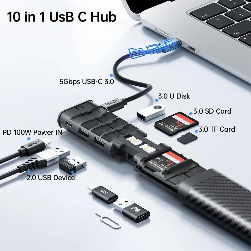 

BUDI 10 In 1 USB C Hub OTG USB 3.0 Adapter 5Gbps Data Transfer SD TF SIM Cards Storage Box Phone Holder For Laptop
