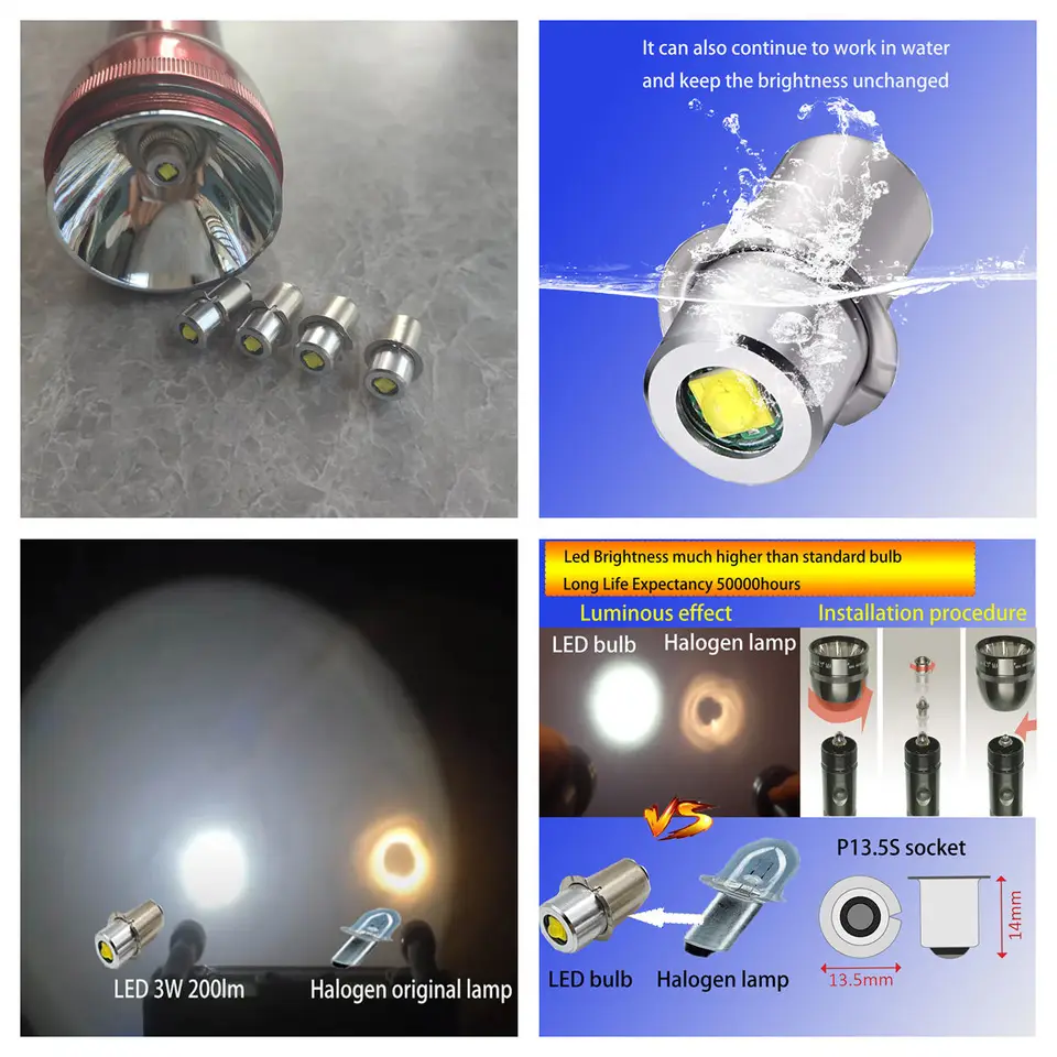 P13.5S Pr2 LED Bulb 3W Upgrade LED Flashlight Bulb Maglite LED Conversion Kit Mag Light LED Bulb 2-16 C&D Cells Maglite Torch