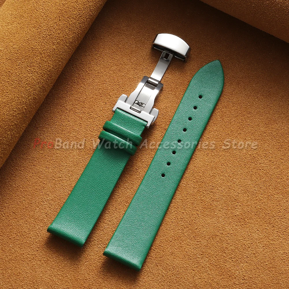 Sleek Genuine Leather Watch Band with Butterfly Buckle - Unisex Cowhide Strap