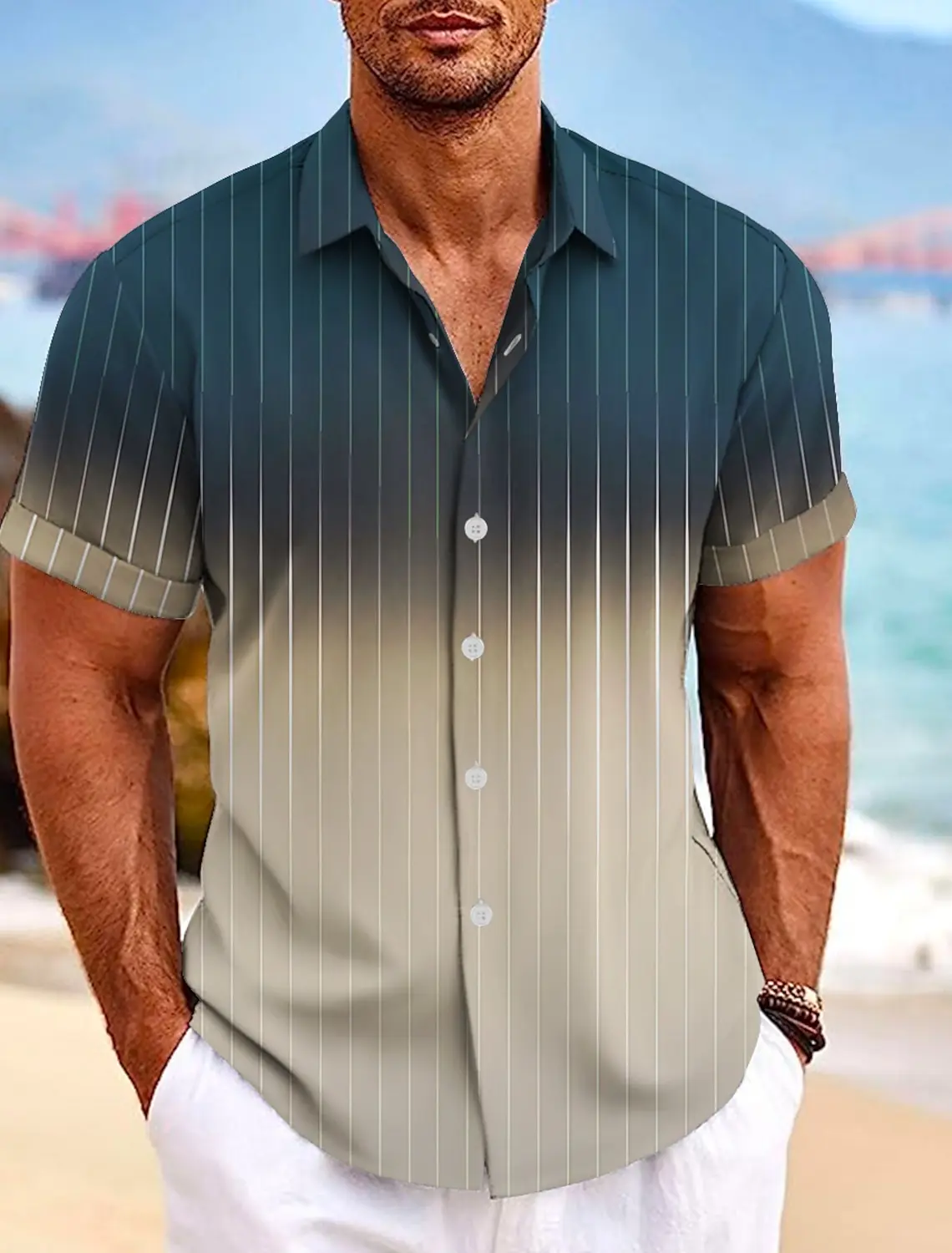 

2024 Color Block Casual Men's Striped Shirt Daily Wear Trendy Summer Turndown Short Sleeves T-shirt 4-Way Stretch Fabric Shirts