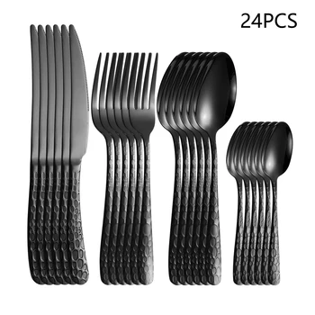 4/6/16/24 pezzi Set di posate, forchette e cucchiai in acciaio inossidabile nero Utensili da cucina per la casa Stoviglie per la cena delle vacanze 1
