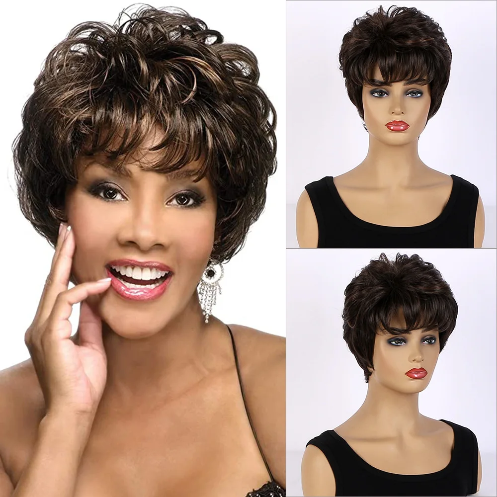 

Cute Mommy Wig Short Curly Wigs with Bangs Brown Ombre Hair soft Heat Resistant Synthetic Wig Natural As Real Hair Cosplay Party