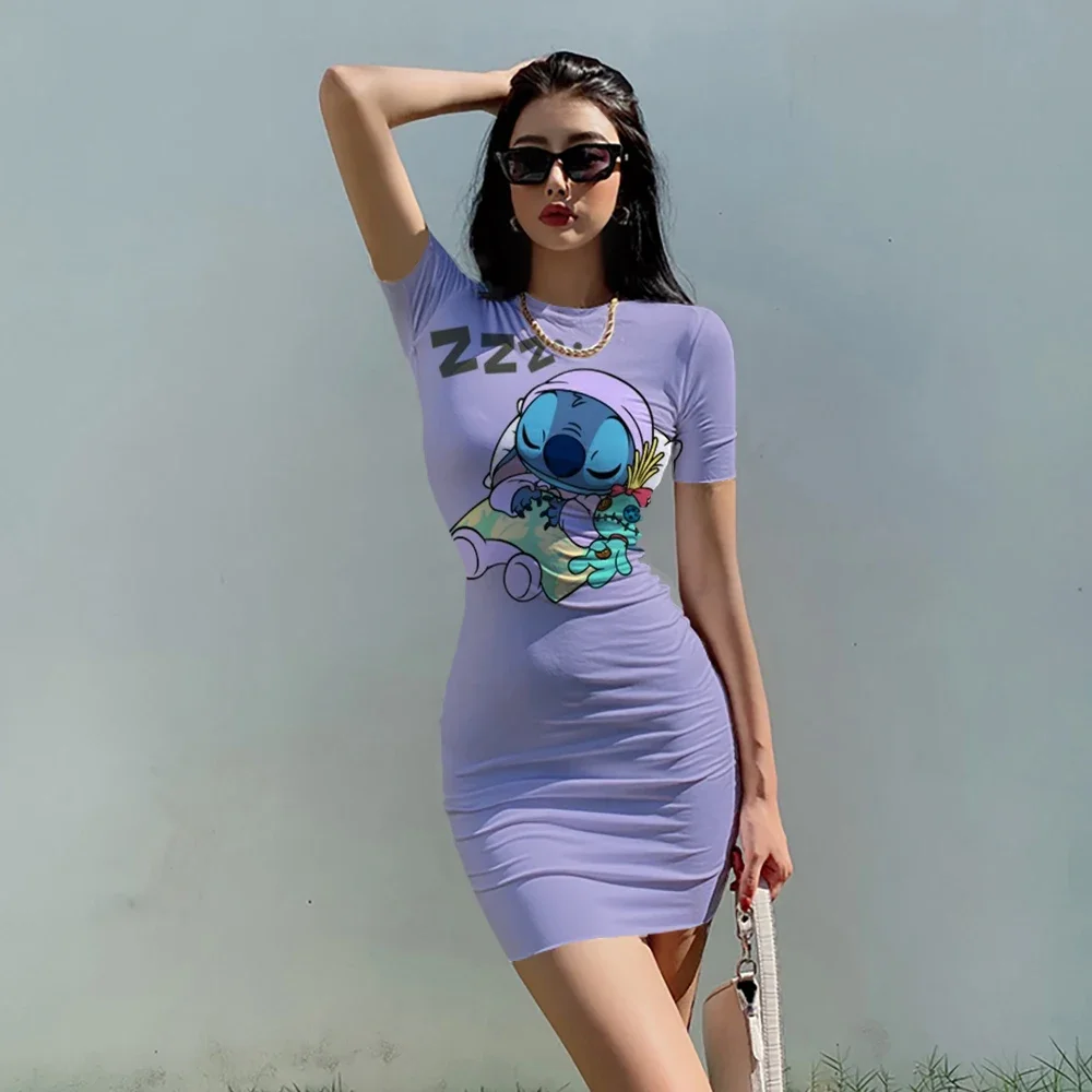 Disney Stilch Mini dresses For Womens Vestido Short Sleeve Slim Bodycon Dress Tunic Crew Neck Casual Pencil Dress New Arrival 2