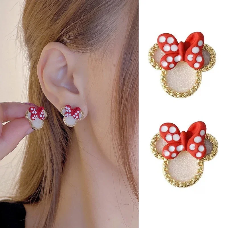 

Kawaii Disney Red Bow Minnie Set Diamond Earrings Adorable Girls High Grade Earrings Fashion Light Luxury Jewelry Gifts