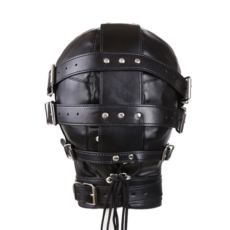Benda imbottita in pelle SM con lucchetto, maschera con imbracatura per la testa, bondage BDSM, giocattoli sessuali per coppie_voghion.com