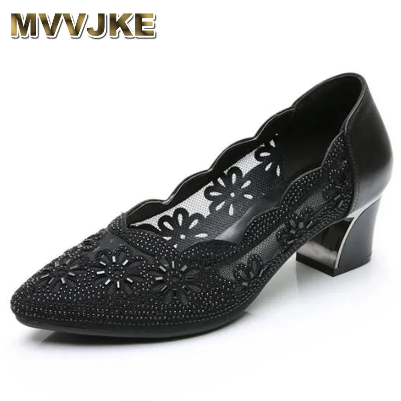 

Туфли-лодочки женские из натуральной кожи, ажурные, квадратный каблук средней высоты, сетчатые, офисная обувь с кристаллами, лето