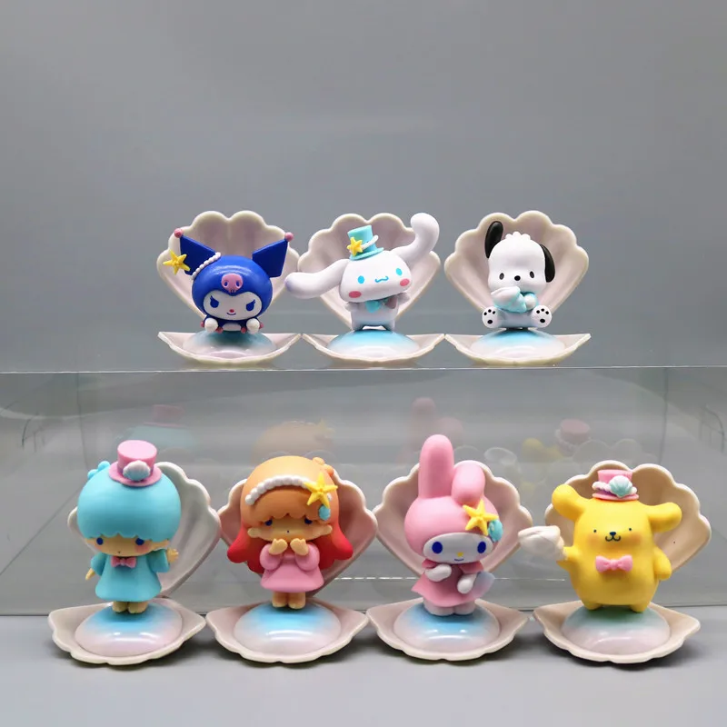 

7Pcs/Set Sanrio Figurine Blue Sea Holiday Series Toy Kawaii Kuromi Cinnamoroll Melody Anime Q Version Doll Model Toy Accessories