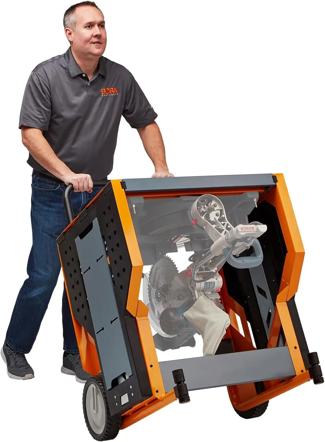PM-8000 Miter Saw Stand Work Station Mobile Rolling Table Top Workbench Orange & Grey with Folding Wing Extensions Orange
