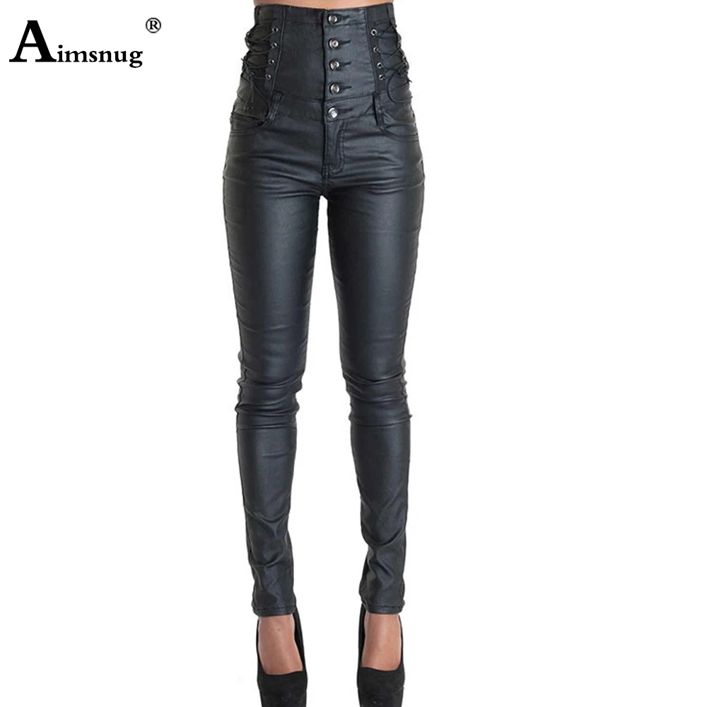 Women Fashion lace-up PU Leather Pants High Waist Female Pencil Pants Girls Buttons Up Trouser Black Soft Faux Leather Pant 3 buttons black plastic car key fob case shell replacement flip folding remote cover fit for hyundai kia