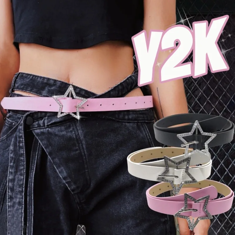 

Y2K Pink Belts Women Girls Exquisite Star Rhinestones Leather Belt Black White Daily Versatile Pentagram Belts Fashion Accessory