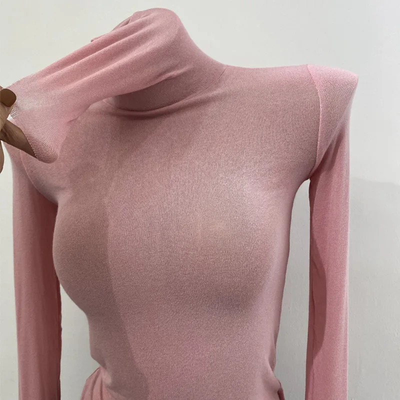 Thin Soft American Long Sleeve T-shirt High Stacked Neck Tight Perspective Bottom Shirt Women's Slim Fit Tops Sexy Streetwear