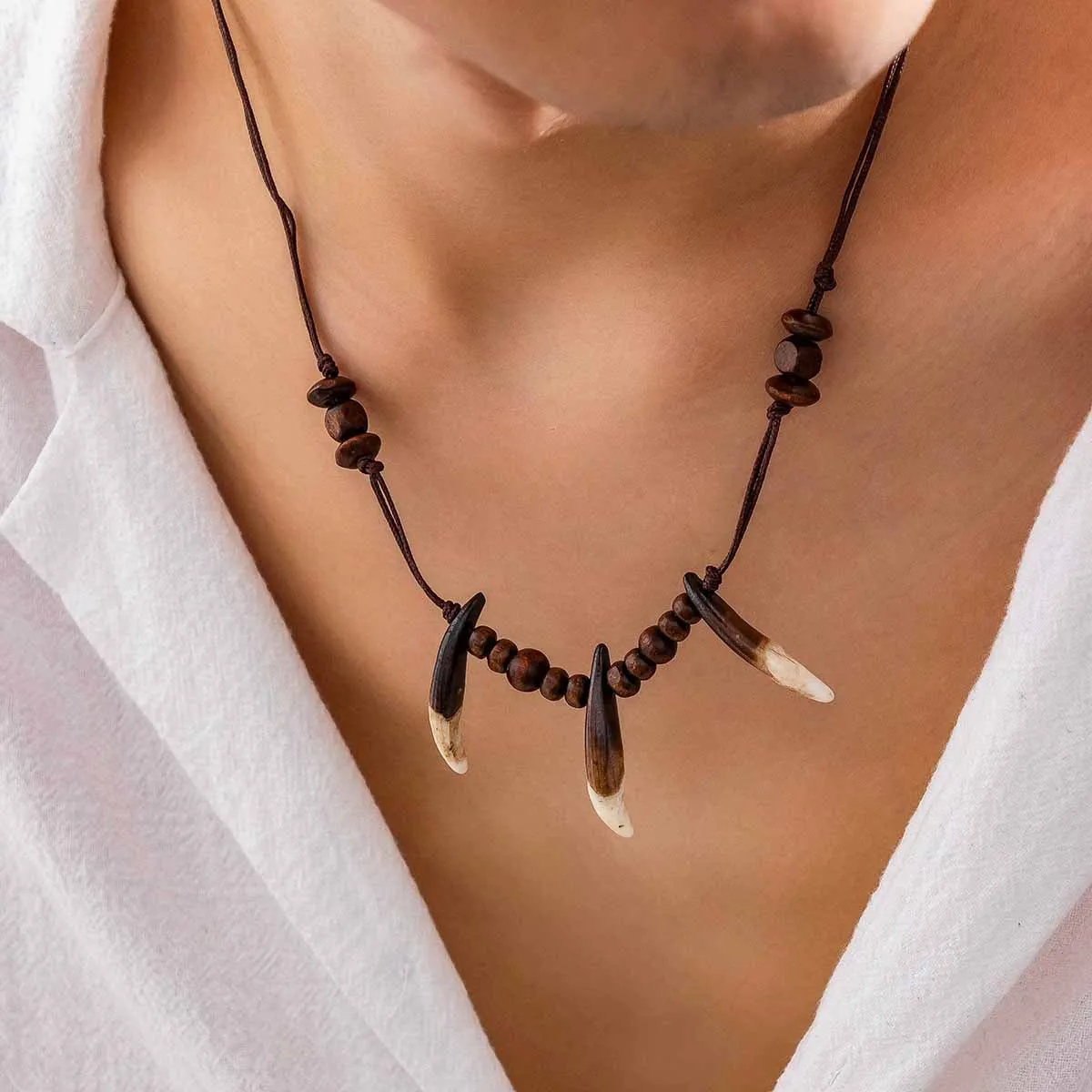 Domineering Personality Wolf Tooth Wooden Beads Hip-hop Men's Jewelry Necklace